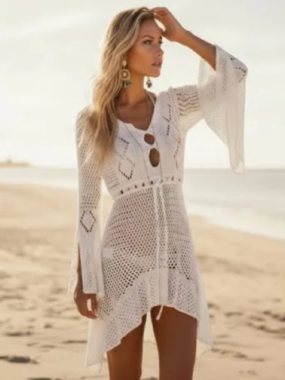 White Crochet Openwork Tunic with Tie Waist